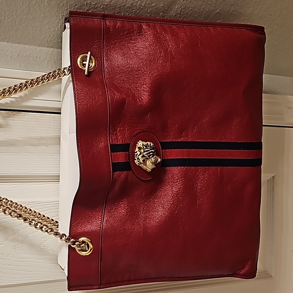 Gucci Large Rajah Red Tote with gold chain handle and dust bag